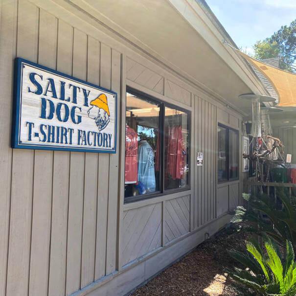 Salty Dog t- shirt factory arrow sign.